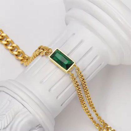 Vintage Green Zircon Asymmetrical Chain Bracelet for Women