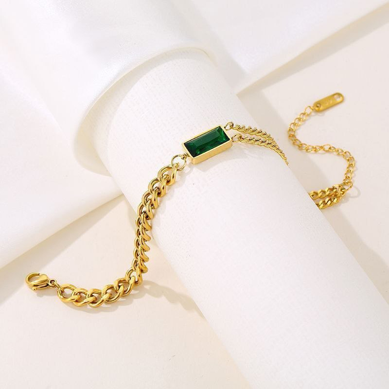 Vintage Green Zircon Asymmetrical Chain Bracelet for Women - Image 3