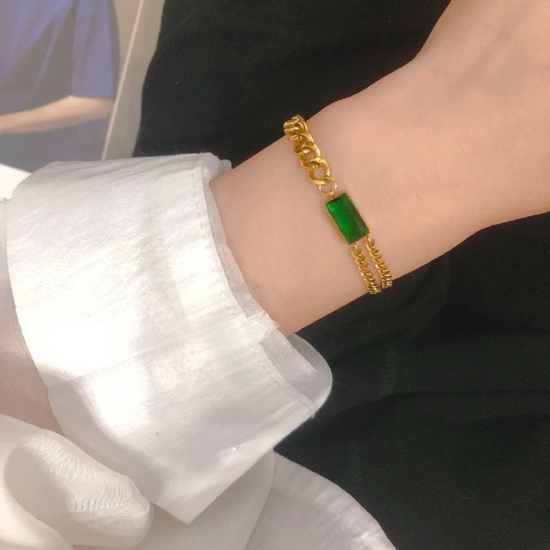 Vintage Green Zircon Asymmetrical Chain Bracelet for Women - Image 5